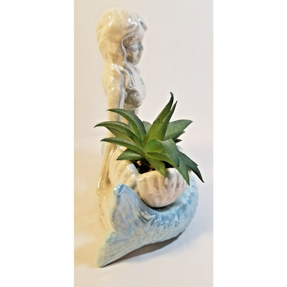 Mermaid Figurine with Shell Faux Plant Succulent Coastal Nautical Decor - Picture 4 of 7